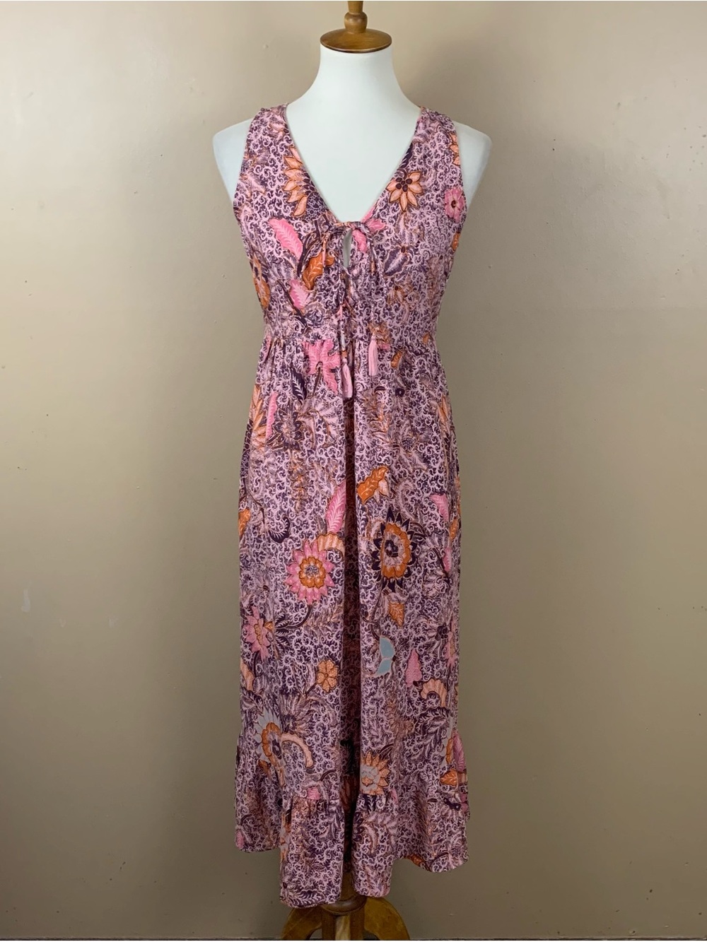 Madewell Floral Maxi Dress Womens Size 2 Ruffle Hem Sleeveless Lace Up Neck Boho